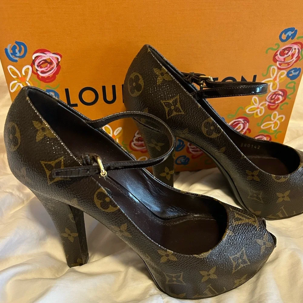 Louis Vuitton Monogram Peep-Toe Mary Jane Heels in Brown